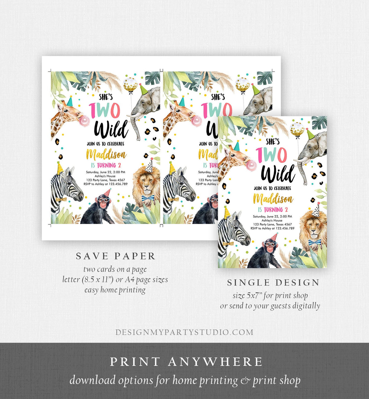 Editable Two Wild Birthday Invitation Girl Safari Animals Part Animals Pink Gold Safari Zoo Digital Download Evite Template Printable 0417