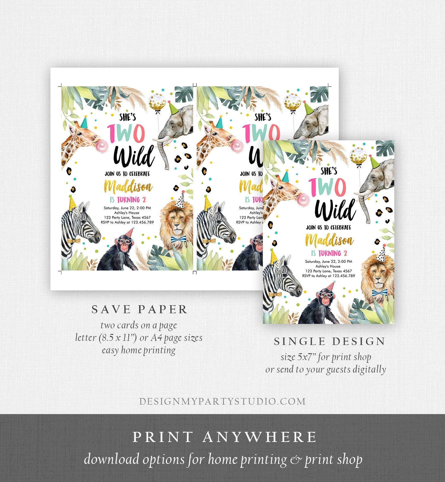 Editable Two Wild Birthday Invitation Girl Safari Animals Part Animals Pink Gold Safari Zoo Digital Download Evite Template Printable 0417