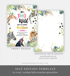 Editable Birthday Invitation Girl Two Wild Animals Invite Pink and Gold Safari Zoo Instant Download Printable Template Digital Corjl 0417