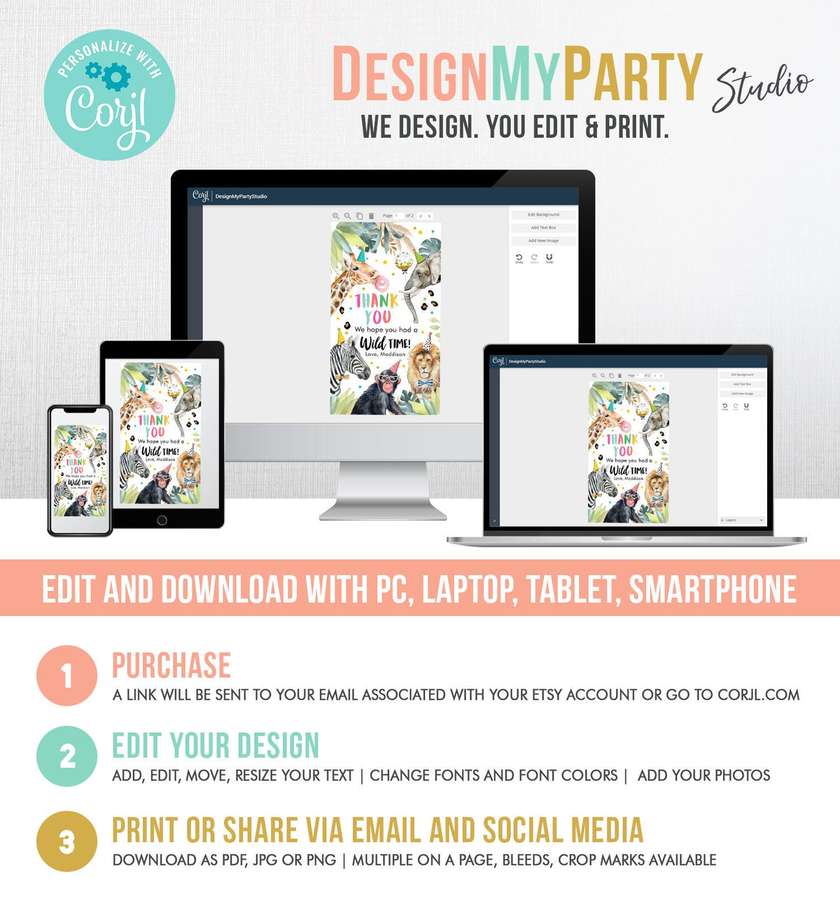 Editable Party Animals Favor Tags Wild One Animals Thank You Tags Safari Zoo Girl Birthday Wild Time Gift Tag Digital Corjl Template 0417