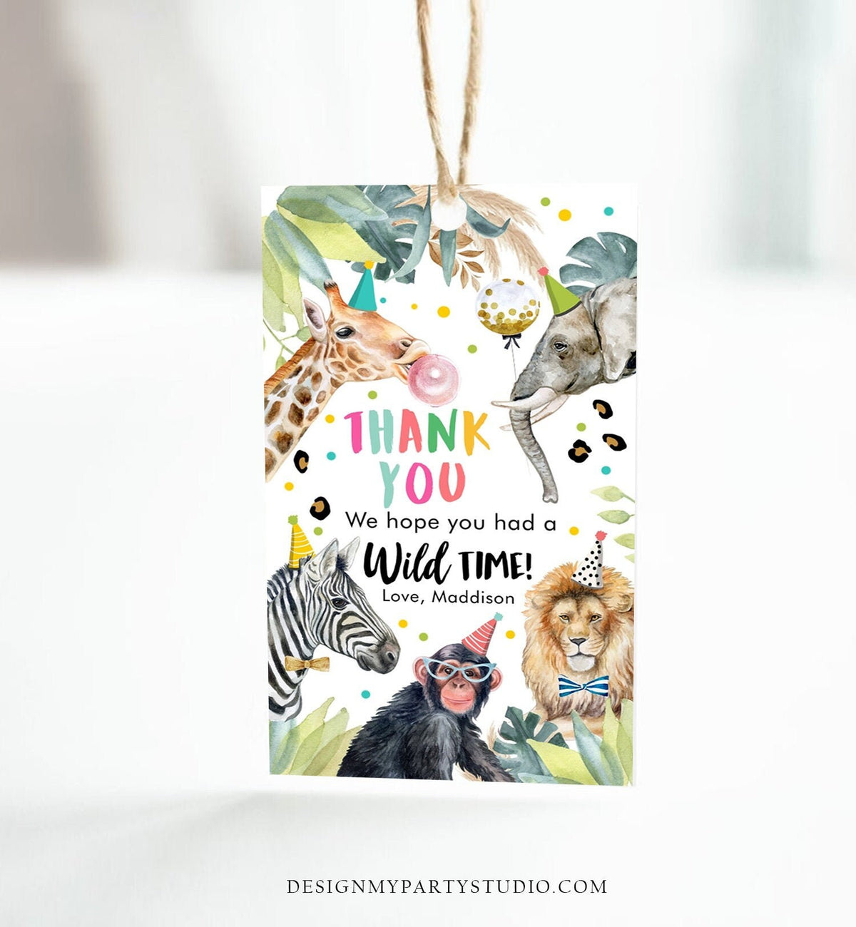 Editable Party Animals Favor Tags Wild One Animals Thank You Tags Safari Zoo Girl Birthday Wild Time Gift Tag Digital Corjl Template 0417