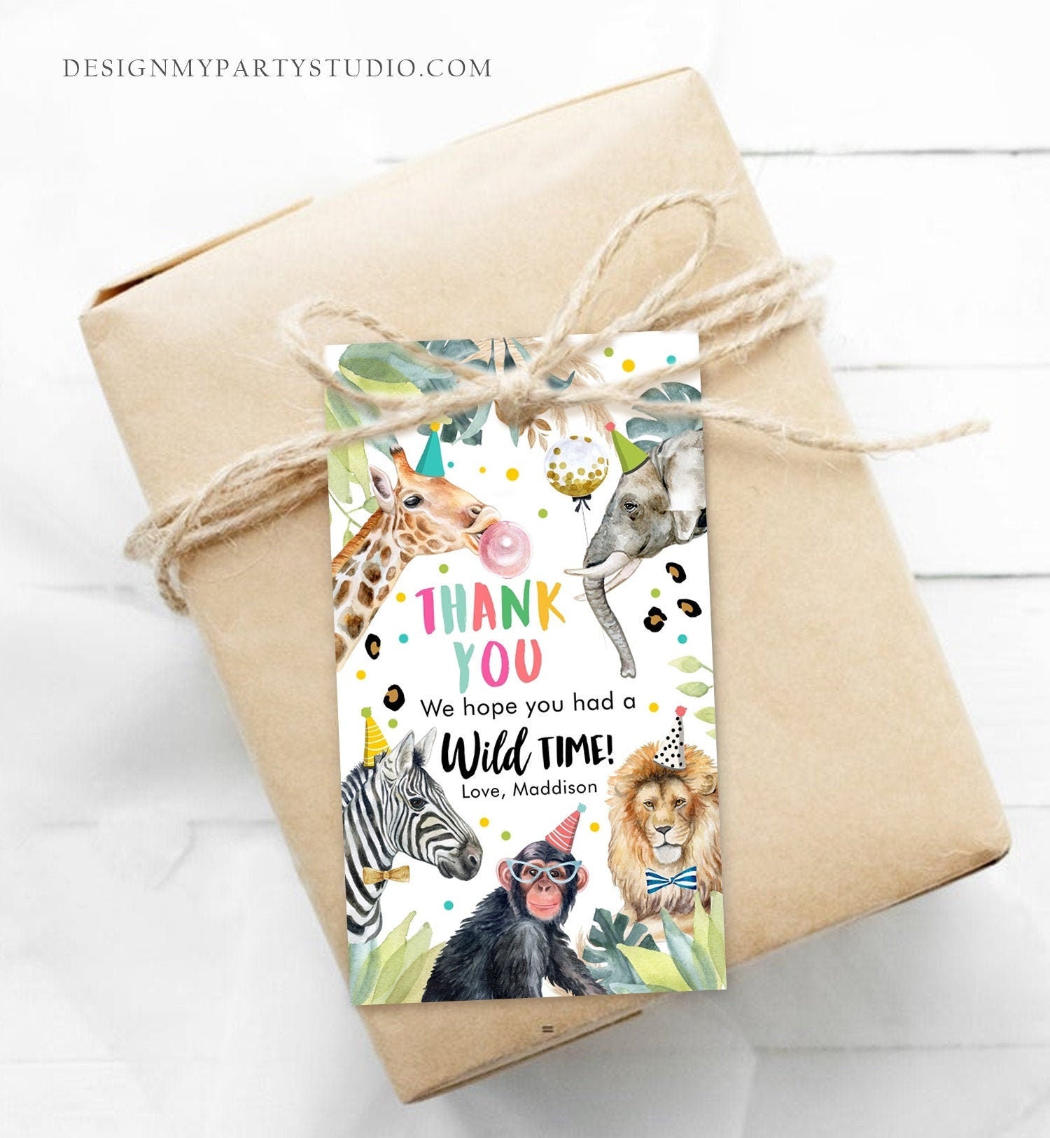 Editable Party Animals Favor Tags Wild One Animals Thank You Tags Safari Zoo Girl Birthday Wild Time Gift Tag Digital Corjl Template 0417