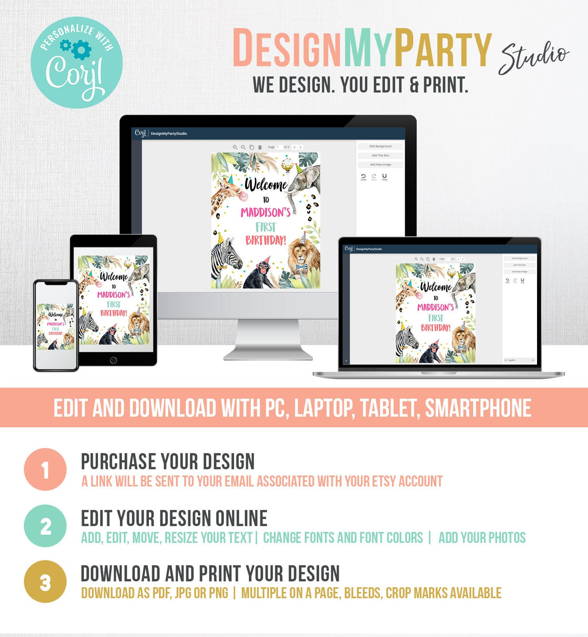 Editable Party Animals Welcome Sign Party Animal Sign Zoo Safari Welcome Jungle Sign Birthday Animals Girl Digital Template Printable 0417