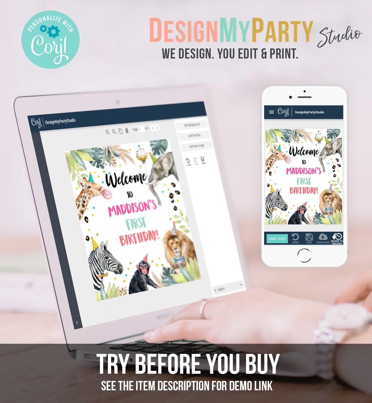 Editable Party Animals Welcome Sign Party Animal Sign Zoo Safari Welcome Jungle Sign Birthday Animals Girl Digital Template Printable 0417