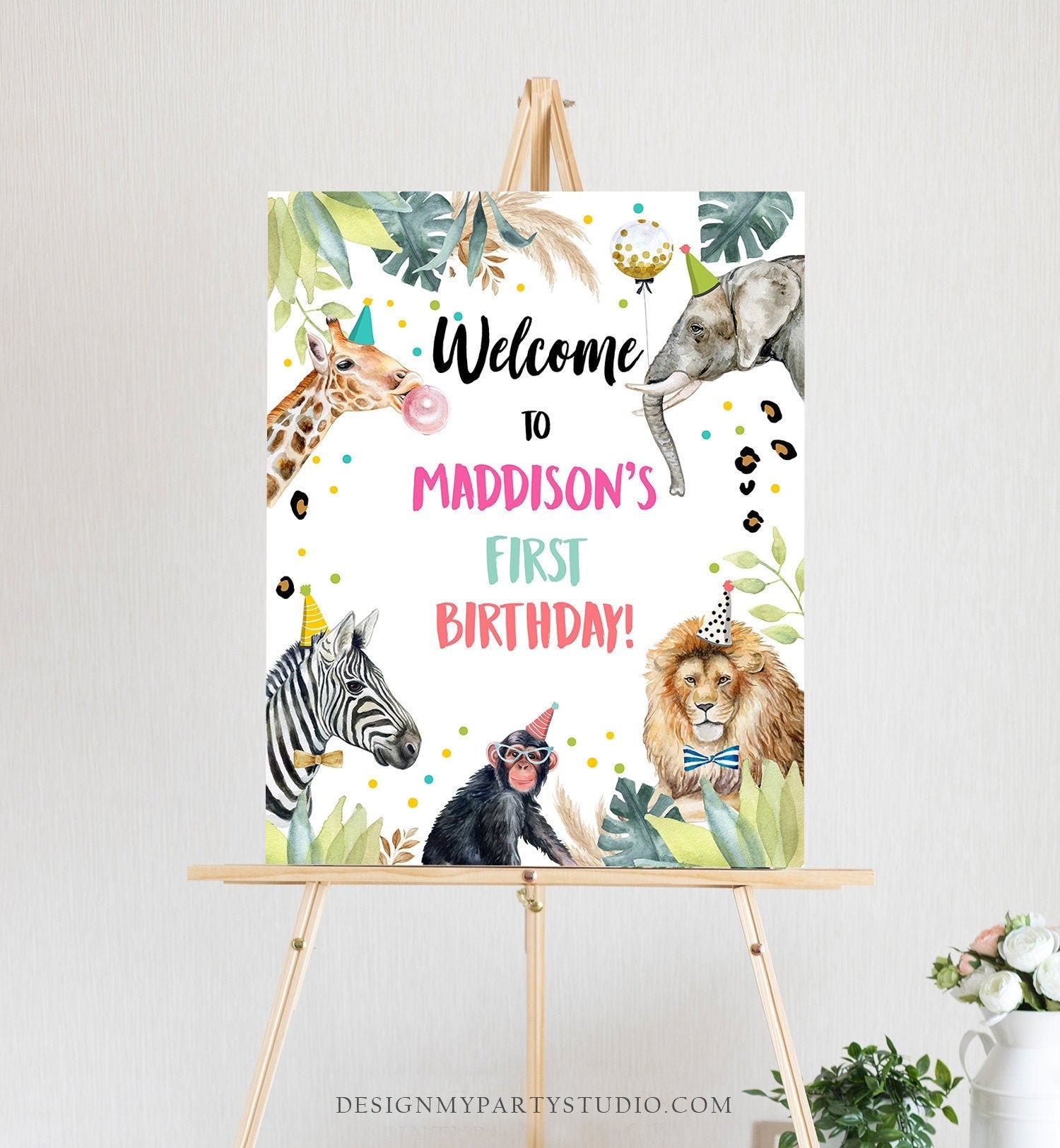 Editable Party Animals Welcome Sign Party Animal Sign Zoo Safari Welcome Jungle Sign Birthday Animals Girl Digital Template Printable 0417