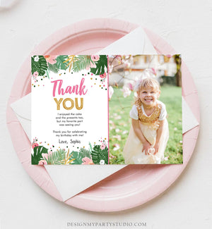 Editable Thank You Card Safari Wild One Two Wild and Three Wild Things Thank You Note Black Gold Photo Girl Pink Jungle Corjl Template 0332