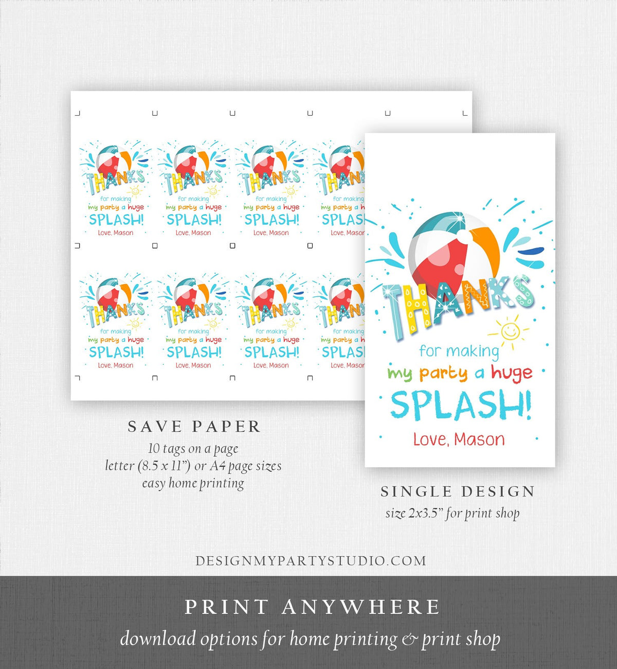 Editable Pool Party Favor Tag Splish Splash Birthday Bash Thank You Tag Boy Summer Beach Goodie Bag Download Corjl Template Printable 0169
