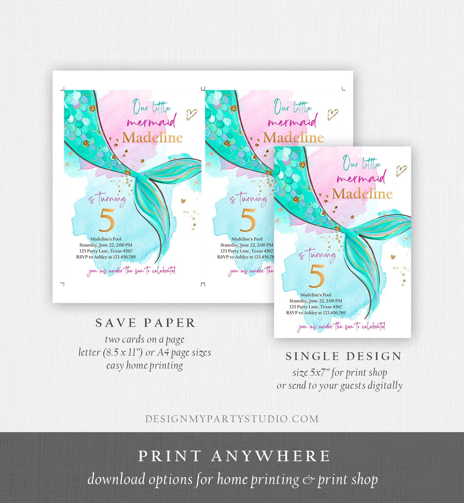 Editable Mermaid Birthday Party Invitation Girl Pink Green Purple Gold Mermaid Under The Sea Digital Download Template Printable 0403