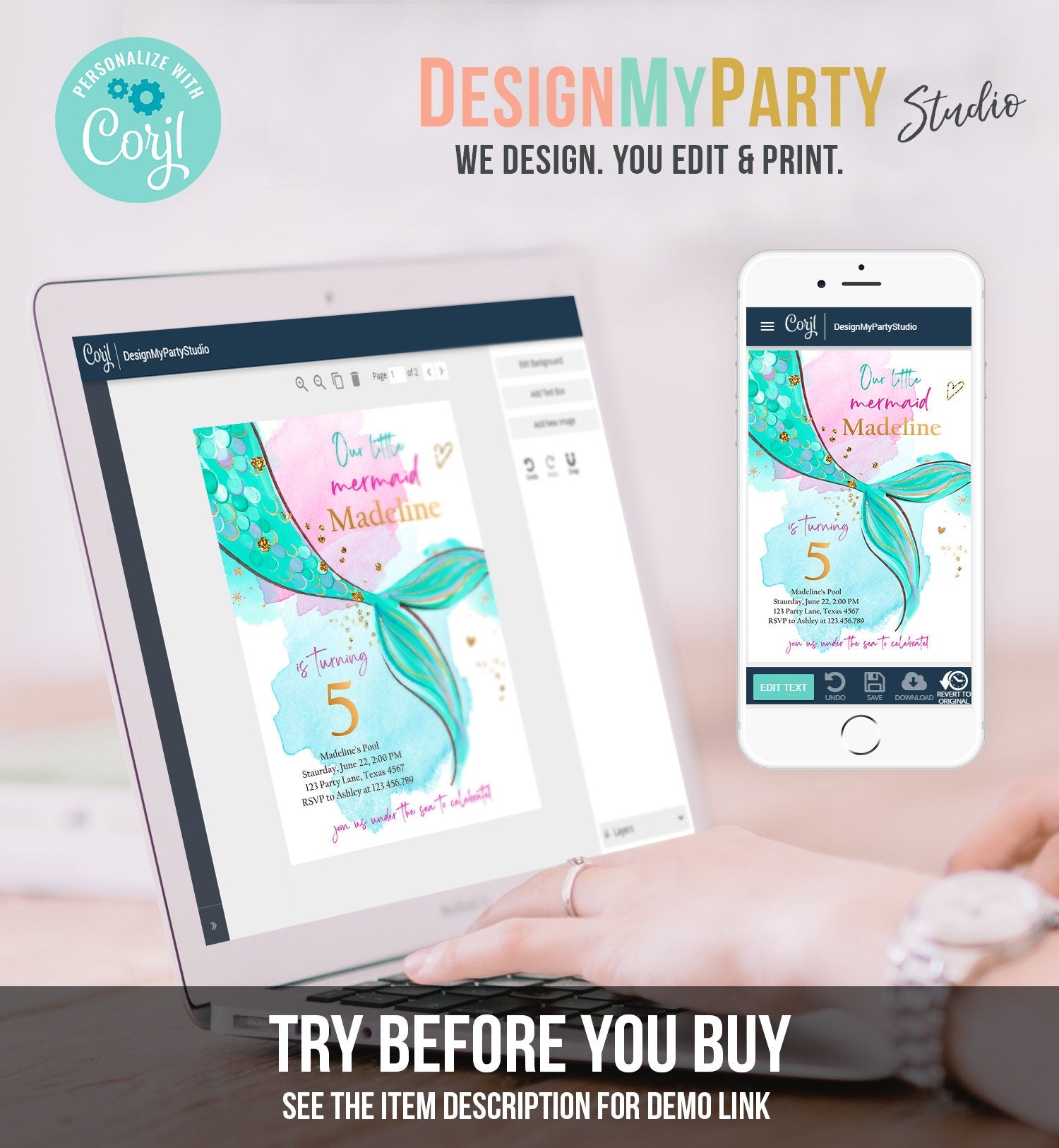 Editable Mermaid Birthday Party Invitation Girl Pink Green Purple Gold Mermaid Under The Sea Digital Download Template Printable 0403