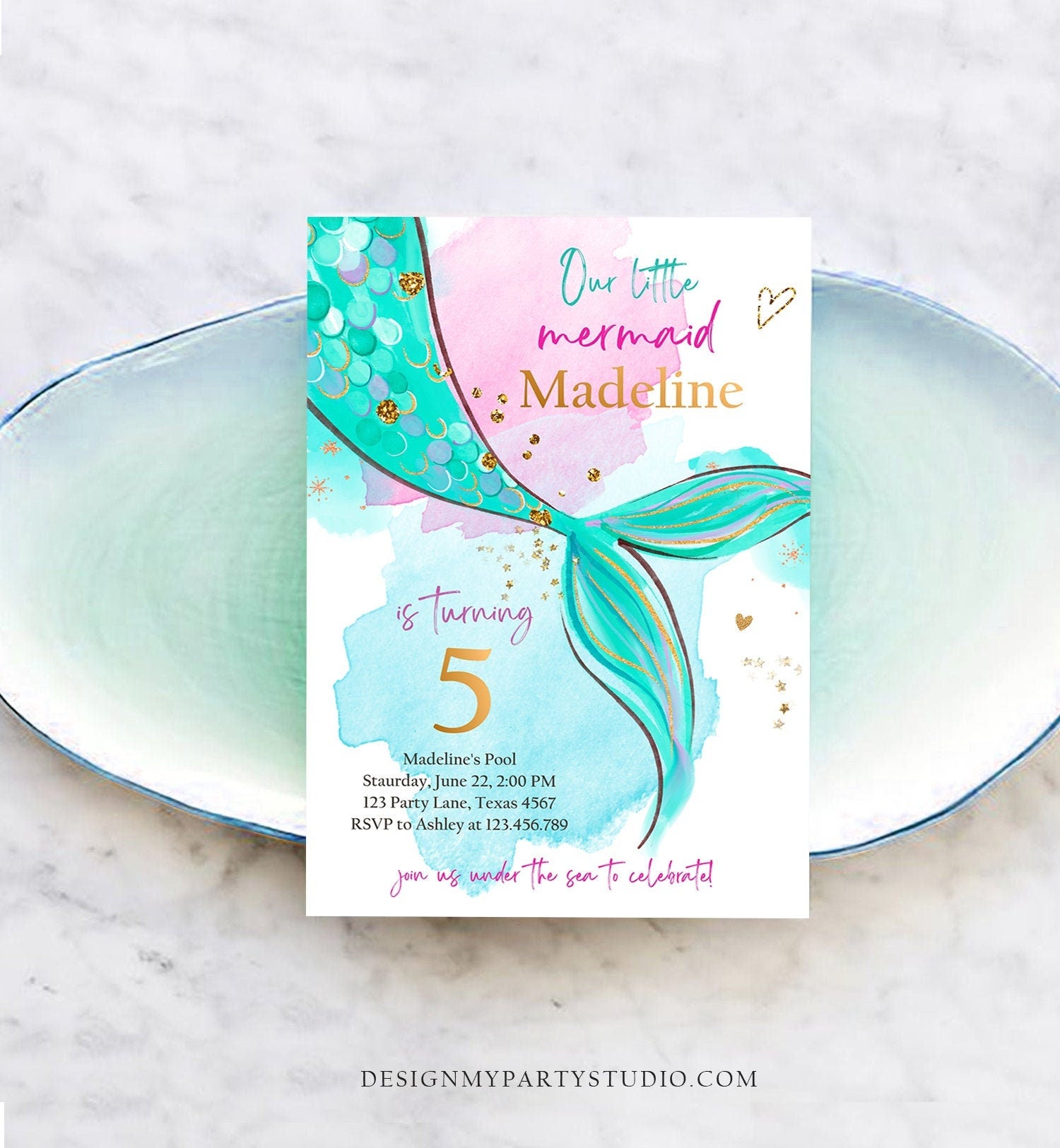Editable Mermaid Birthday Party Invitation Girl Pink Green Purple Gold Mermaid Under The Sea Digital Download Template Printable 0403