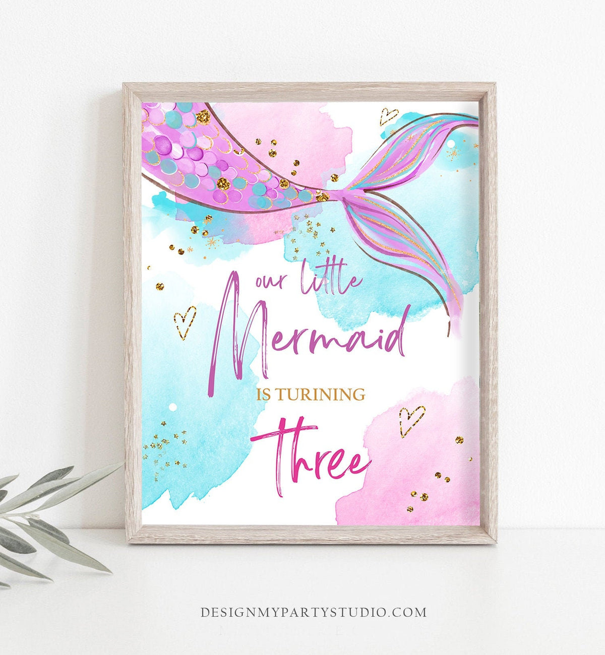 Our Little Mermaid is turning Three Sign Mermaid Third Birthday Table Decor Party Under The Sea Pink Purple Instant Download Printable 0403