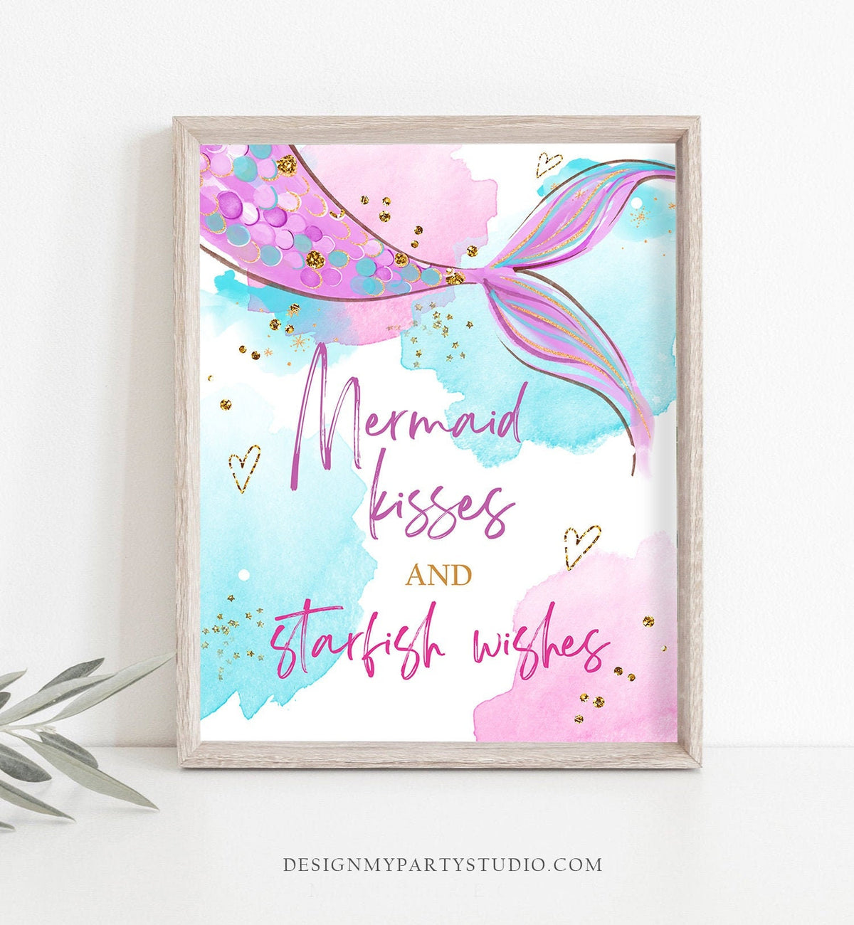 Mermaid Kisses Starfish Wishes Sign Mermaid Birthday Table Decor Mermaid Party Under The Sea Pink Blue Instant Download Printable 0403