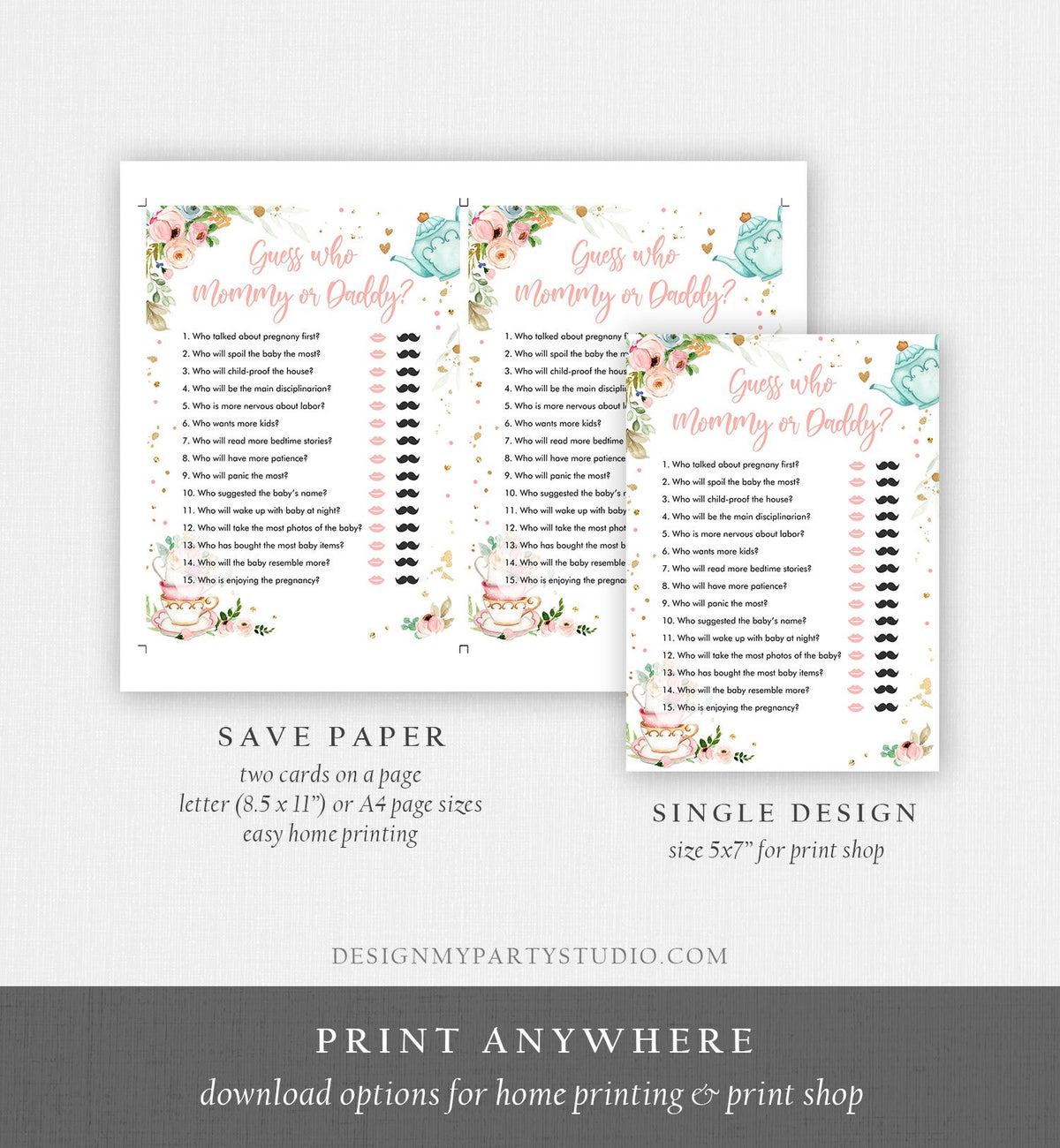 Editable Mommy or Daddy Baby Shower Game Guess Who Mom Dad Tea Party Baby is Brewing Game Shower Activity Digital Template Printable 0349