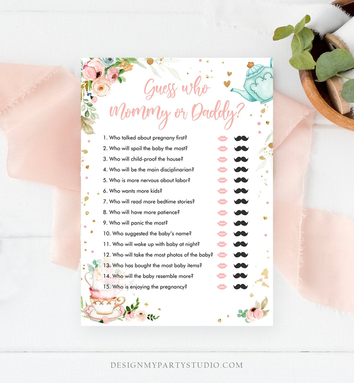 Editable Mommy or Daddy Baby Shower Game Guess Who Mom Dad Tea Party Baby is Brewing Game Shower Activity Digital Template Printable 0349