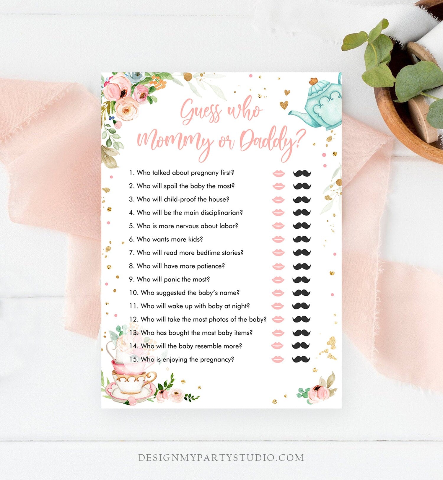 Editable Mommy or Daddy Baby Shower Game Guess Who Mom Dad Tea Party Baby is Brewing Game Shower Activity Digital Template Printable 0349