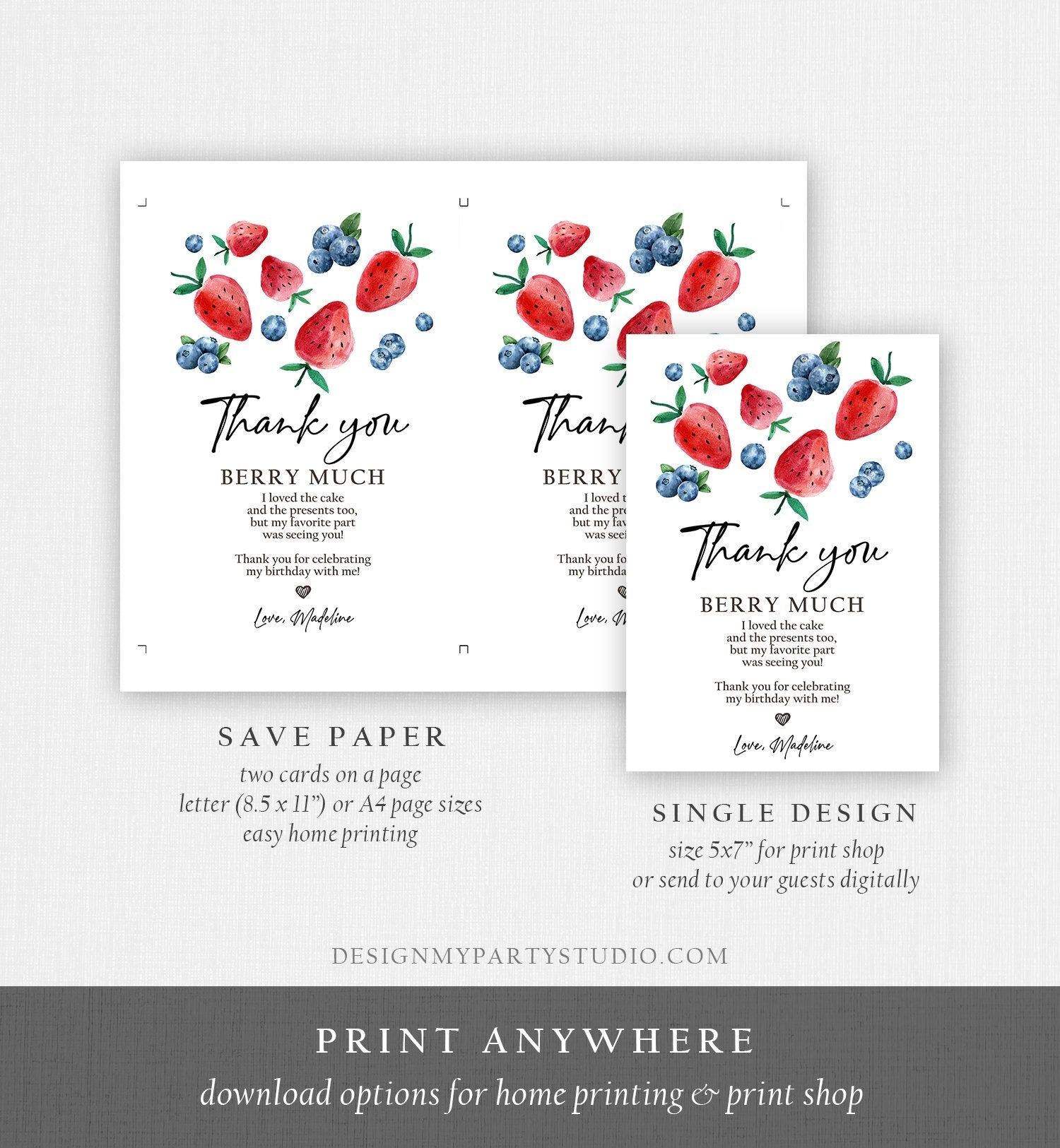 Editable Blueberry Strawberry Thank You Card Berry First Birthday Berry Sweet Farmers Market Digital Download Template Printable 0399