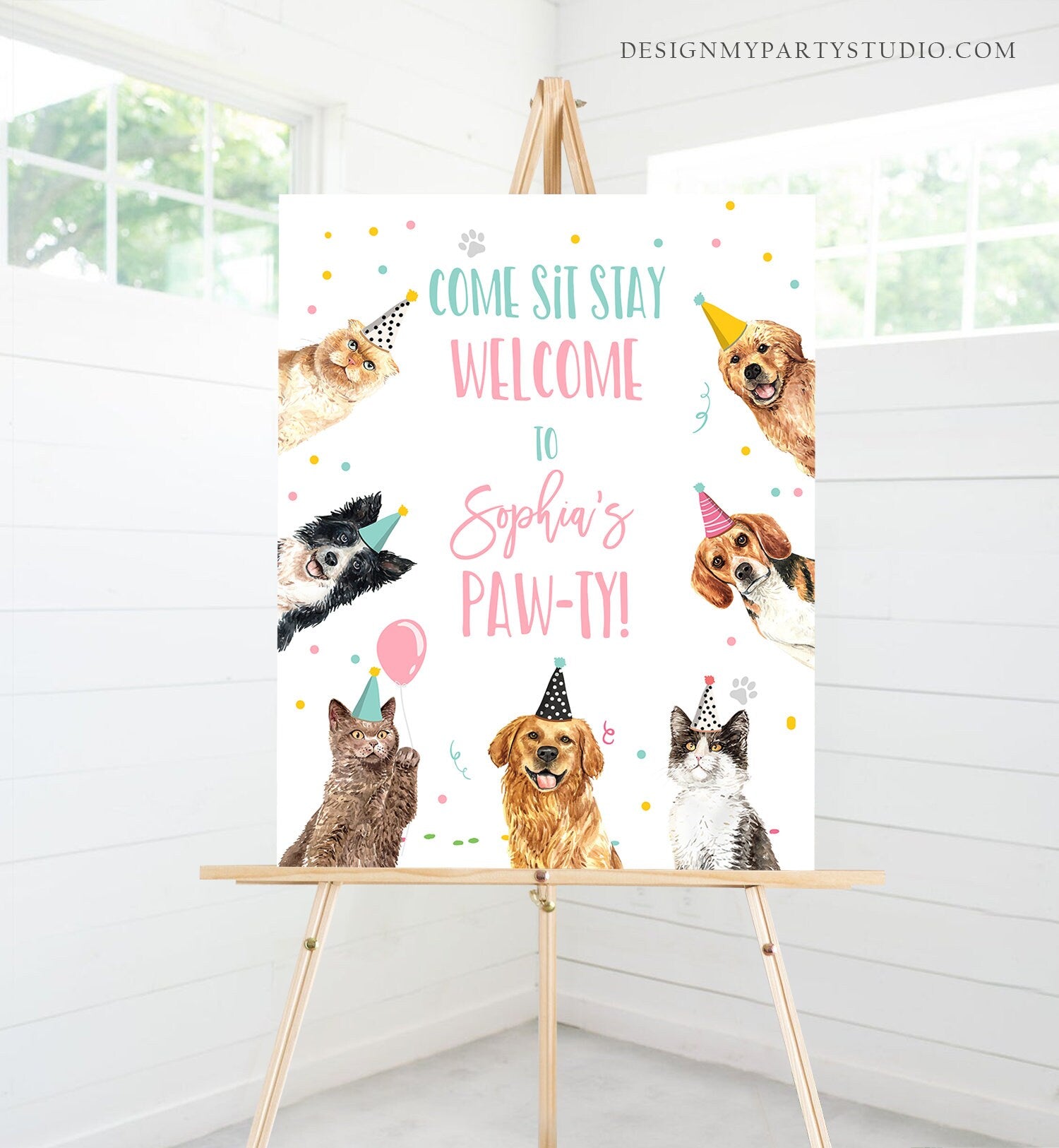 Editable Cats and Dogs Birthday Party Welcome Sign Puppy Birthday Kitten Birthday Come Sit Stay Paw-ty Girl Template Corjl PRINTABLE 0384