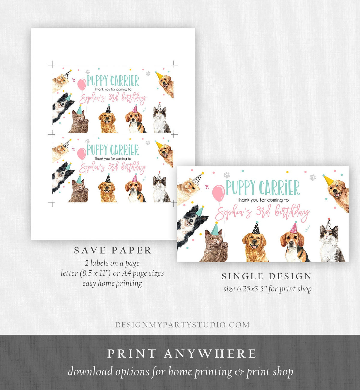 Editable Cats and Dogs Favors Puppy Carrier Box Label Birthday Favor Box Label Cat Birthday Adopt a Pet Digital Template Printable 0384