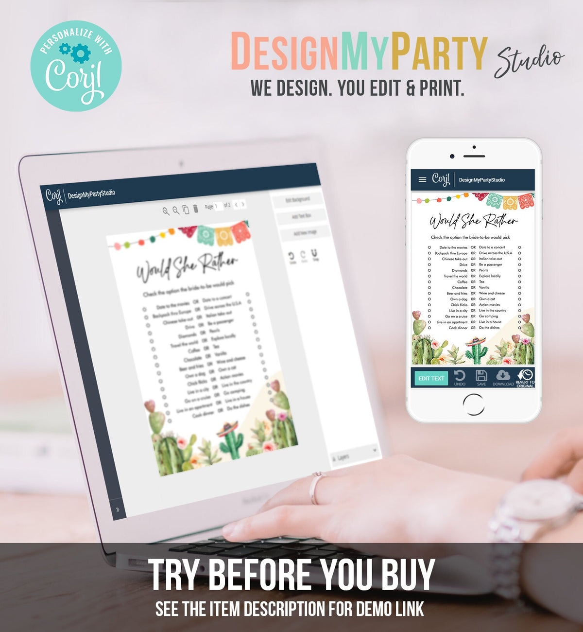 Editable Would She Rather Bridal Shower Game Cactus Fiesta Mexican Coed Shower Succulent Wedding Activity Digital Template Printable 0404
