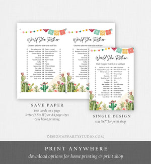 Editable Would She Rather Bridal Shower Game Cactus Fiesta Mexican Coed Shower Succulent Wedding Activity Corjl Template Printable 0404