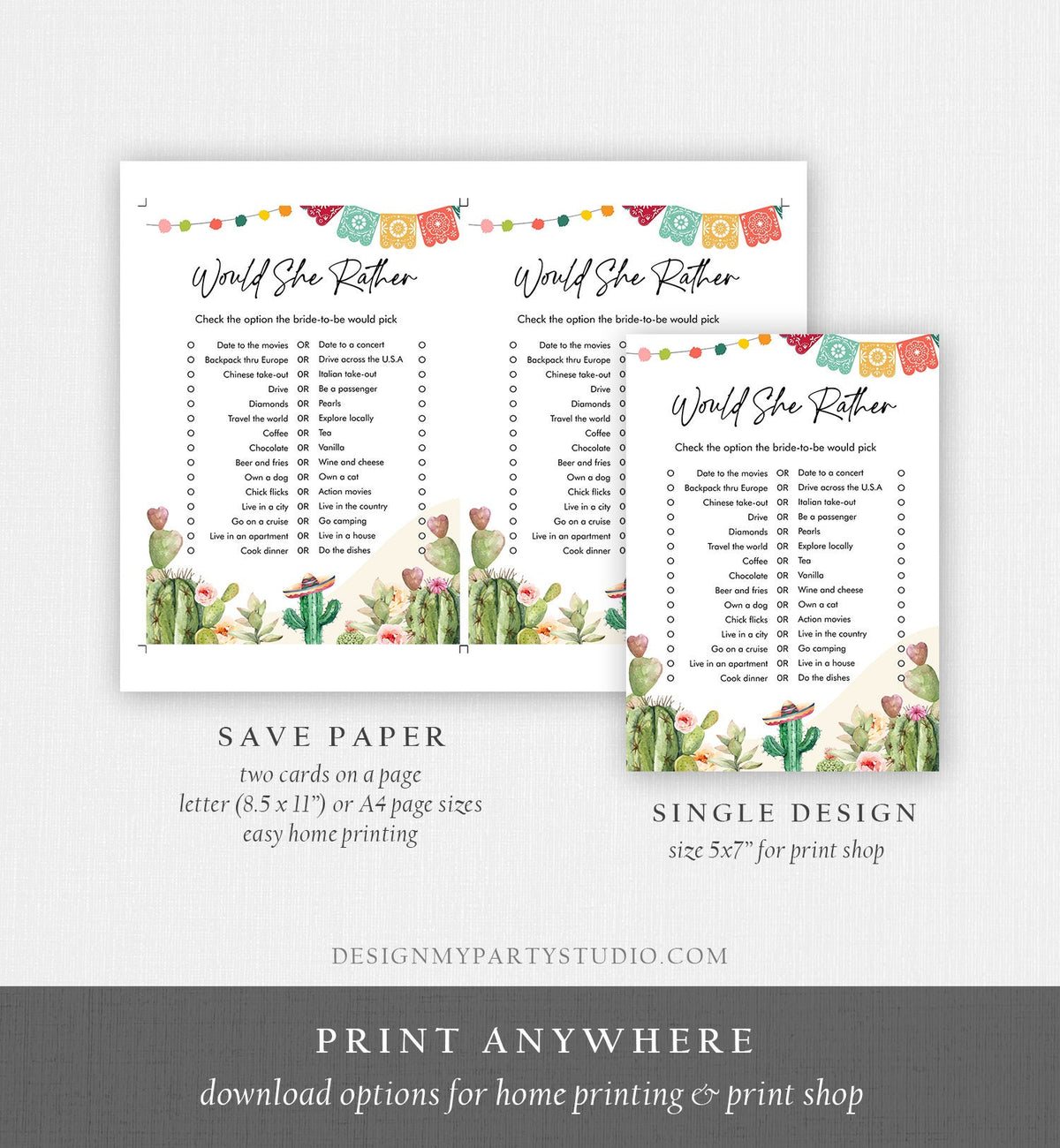 Editable Would She Rather Bridal Shower Game Cactus Fiesta Mexican Coed Shower Succulent Wedding Activity Digital Template Printable 0404