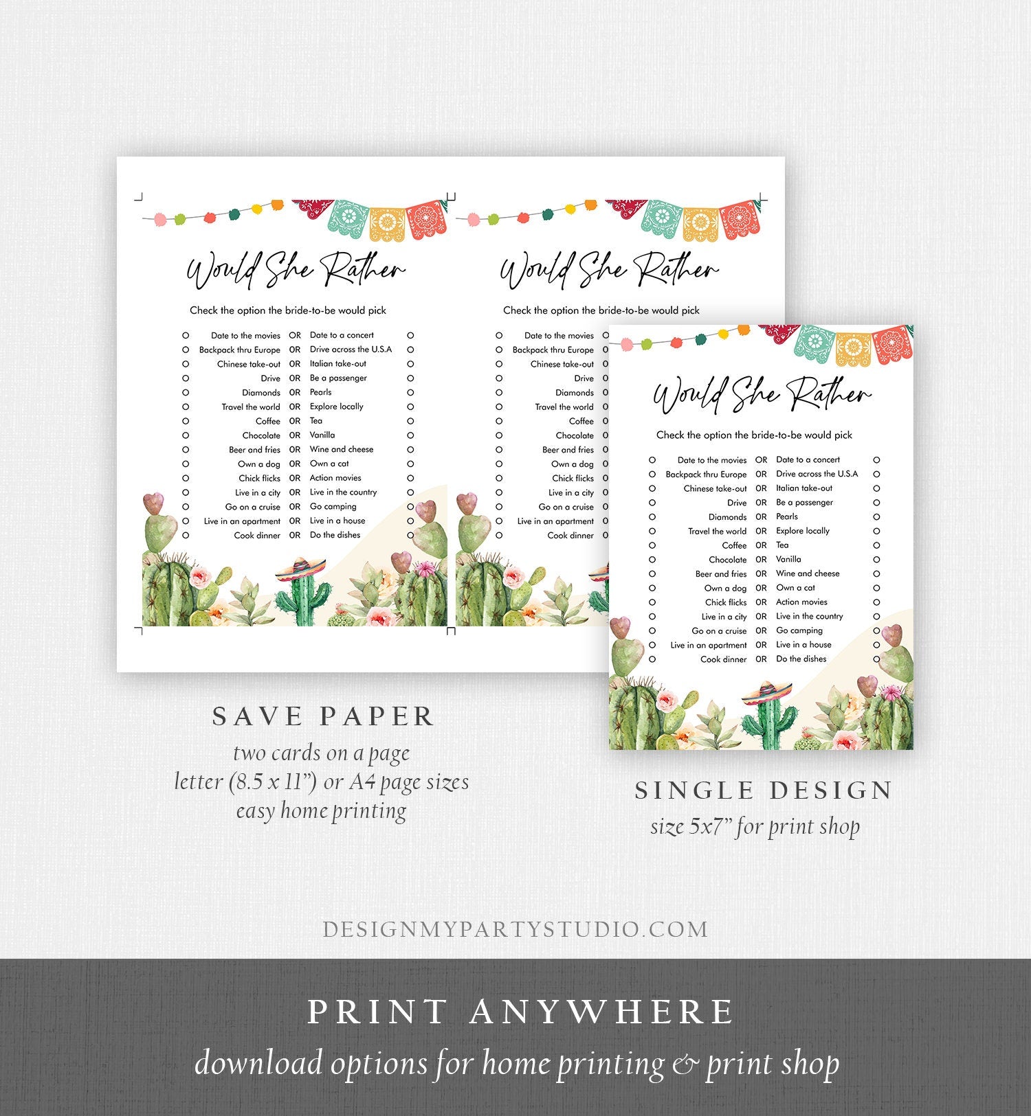 Editable Would She Rather Bridal Shower Game Cactus Fiesta Mexican Coed Shower Succulent Wedding Activity Digital Template Printable 0404