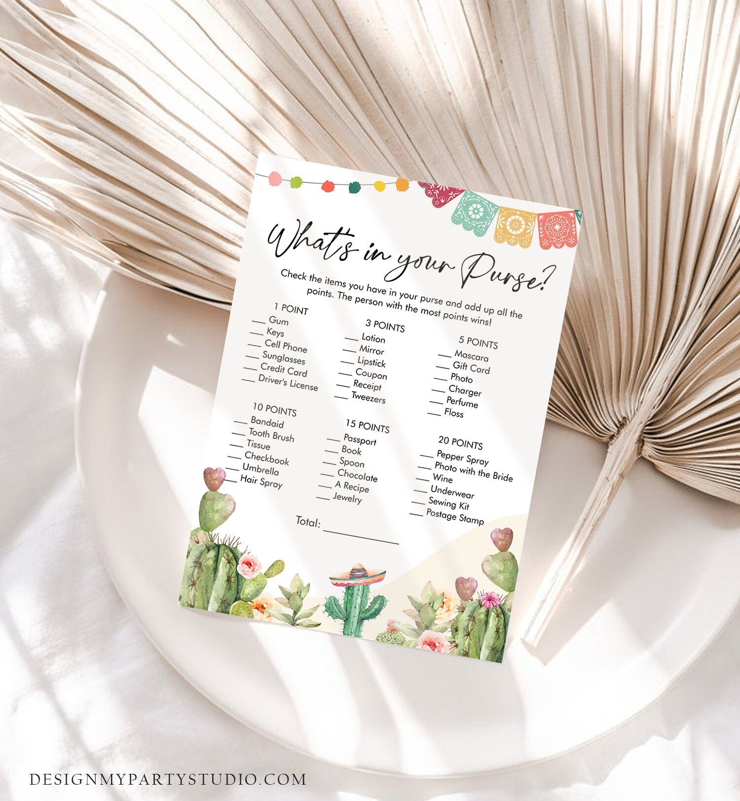 Editable Whats in Your Purse Bridal Shower Game Cactus Fiesta Mexican Coed Shower Succulent Wedding Activity Corjl Template Printable 0404