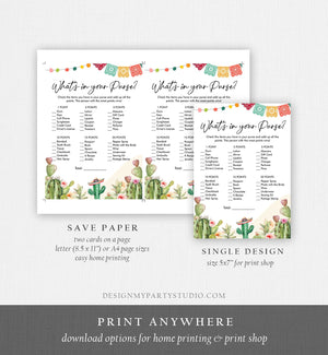 Editable Whats in Your Purse Bridal Shower Game Cactus Fiesta Mexican Coed Shower Succulent Wedding Activity Corjl Template Printable 0404