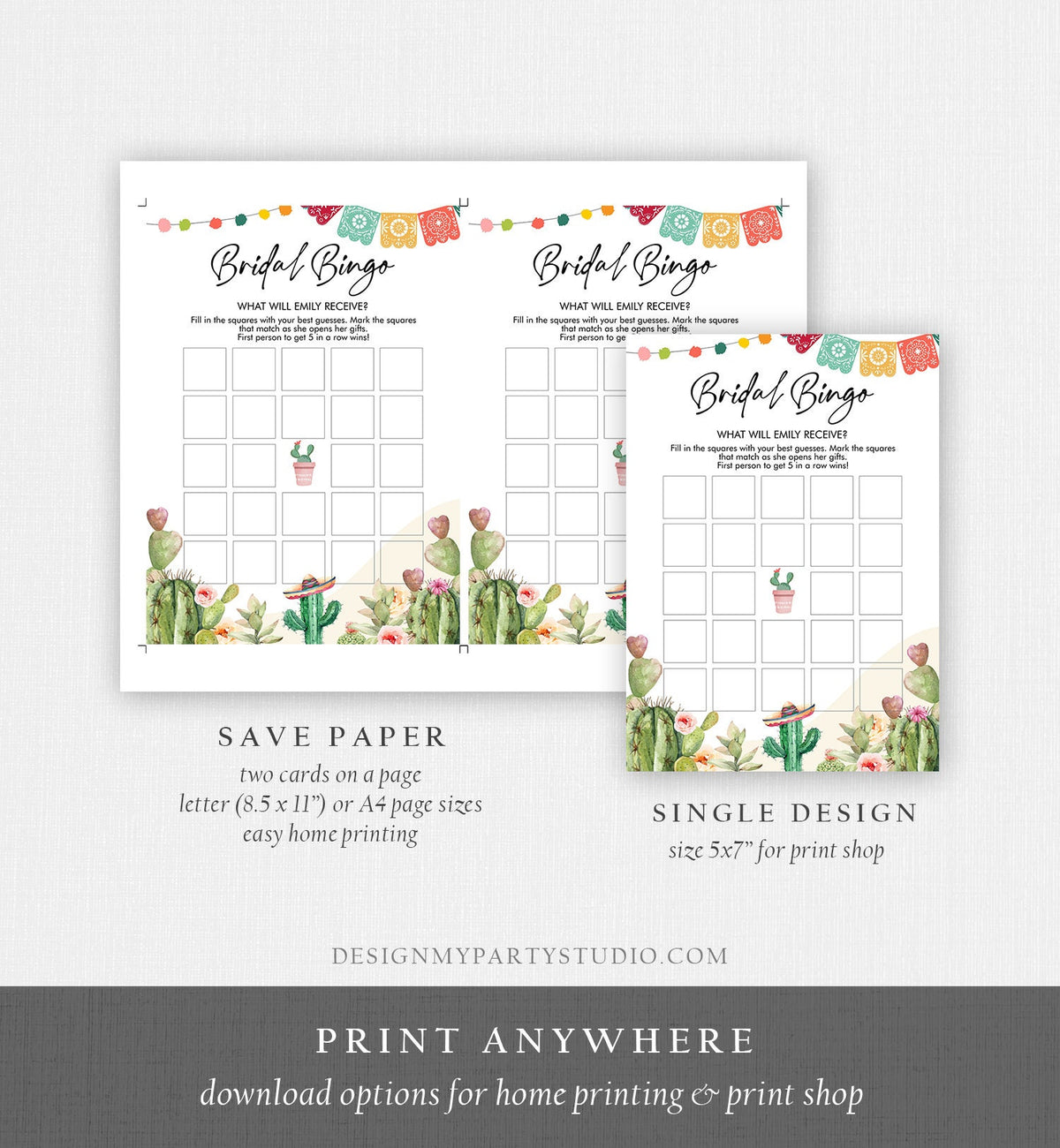 Editable Bridal Bingo Bridal Shower Game Cactus Fiesta Mexican Coed Shower Games Succulent Wedding Activity Corjl Template Printable 0404