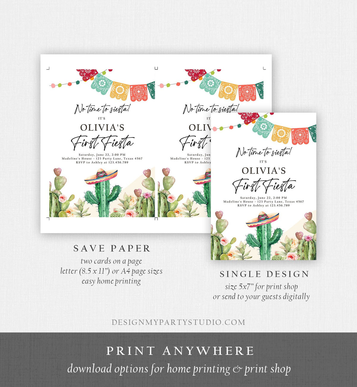 Editable Fiesta Invitation First Fiesta Birthday Mexican Cactus Succulent Desert Floral Girl Kids Printable Invitation Template Corjl 0404