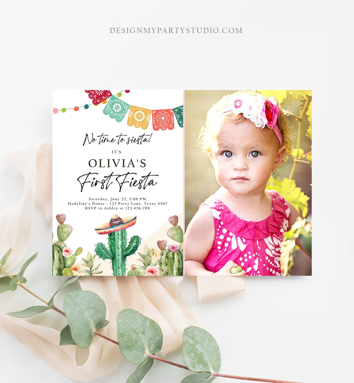Editable Fiesta Invitation First Fiesta Birthday Mexican Cactus Succulent Desert Floral Girl Digital Download Evite Template Printable 0404