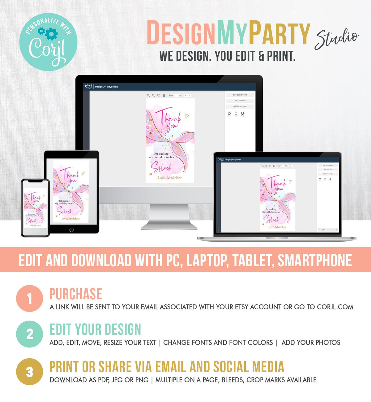 Editable Mermaid Birthday Favor Tag Under The Sea Thank you Tag Mermaid Party Girl Pool Party Pink Download Template Digital Printable 0403