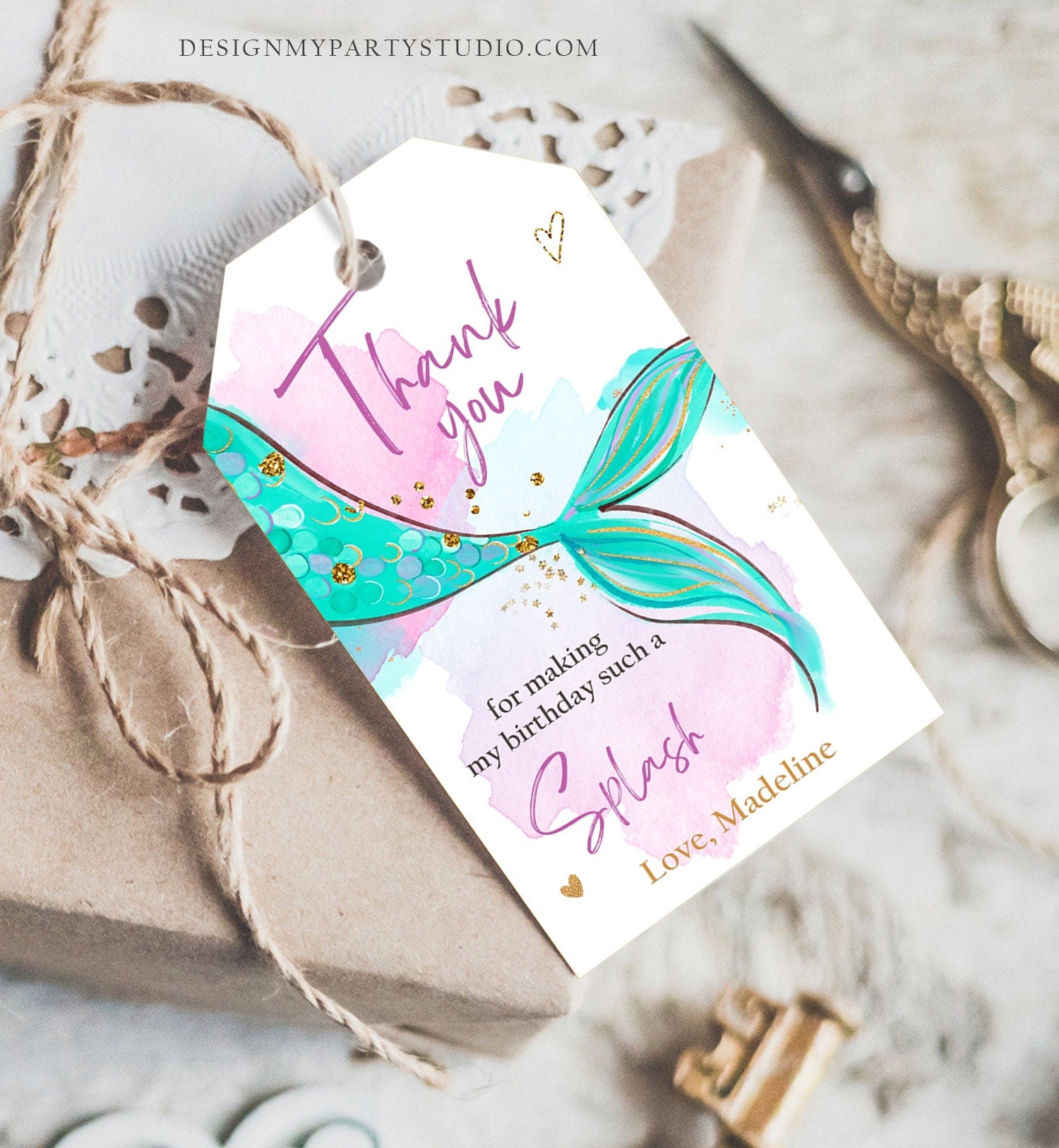 Editable Mermaid Birthday Favor Tags Under The Sea Thank you tags Mermaid Party Girl Blush Pink Gold Download Template Corjl PRINTABLE 0403