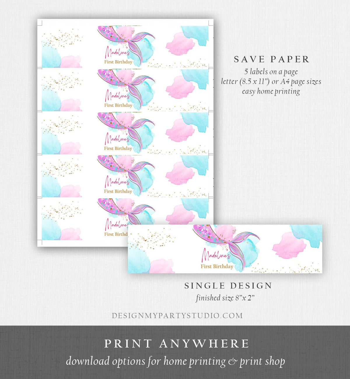 Editable Mermaid Water Bottle Labels Mermaid Tail Birthday Under The Sea Decor Pink Gold Purple Printable Bottle Labels Template Corjl 0403