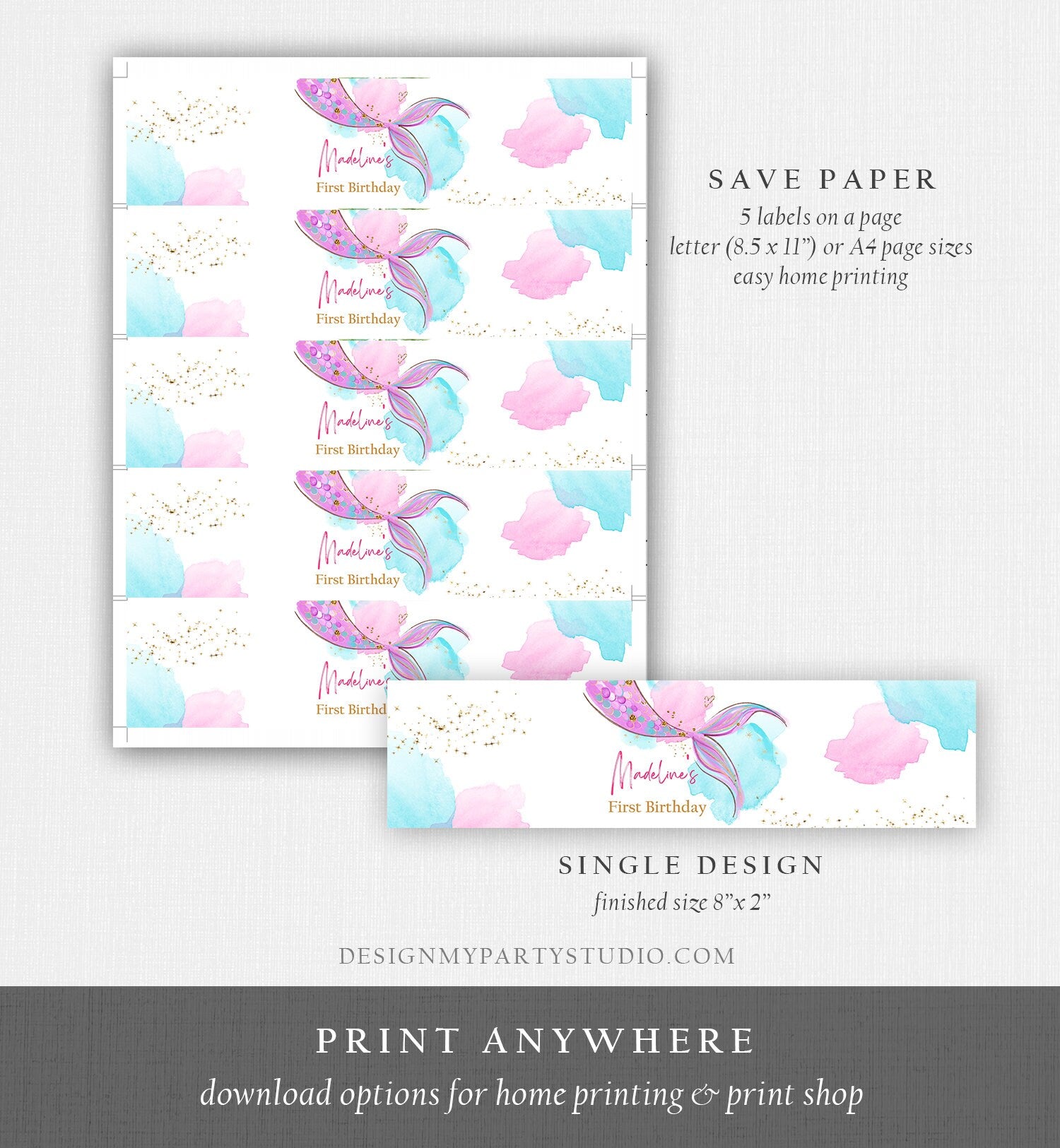 Editable Mermaid Water Bottle Labels Mermaid Tail Birthday Under The Sea Decor Pink Gold Purple Printable Bottle Labels Template Corjl 0403