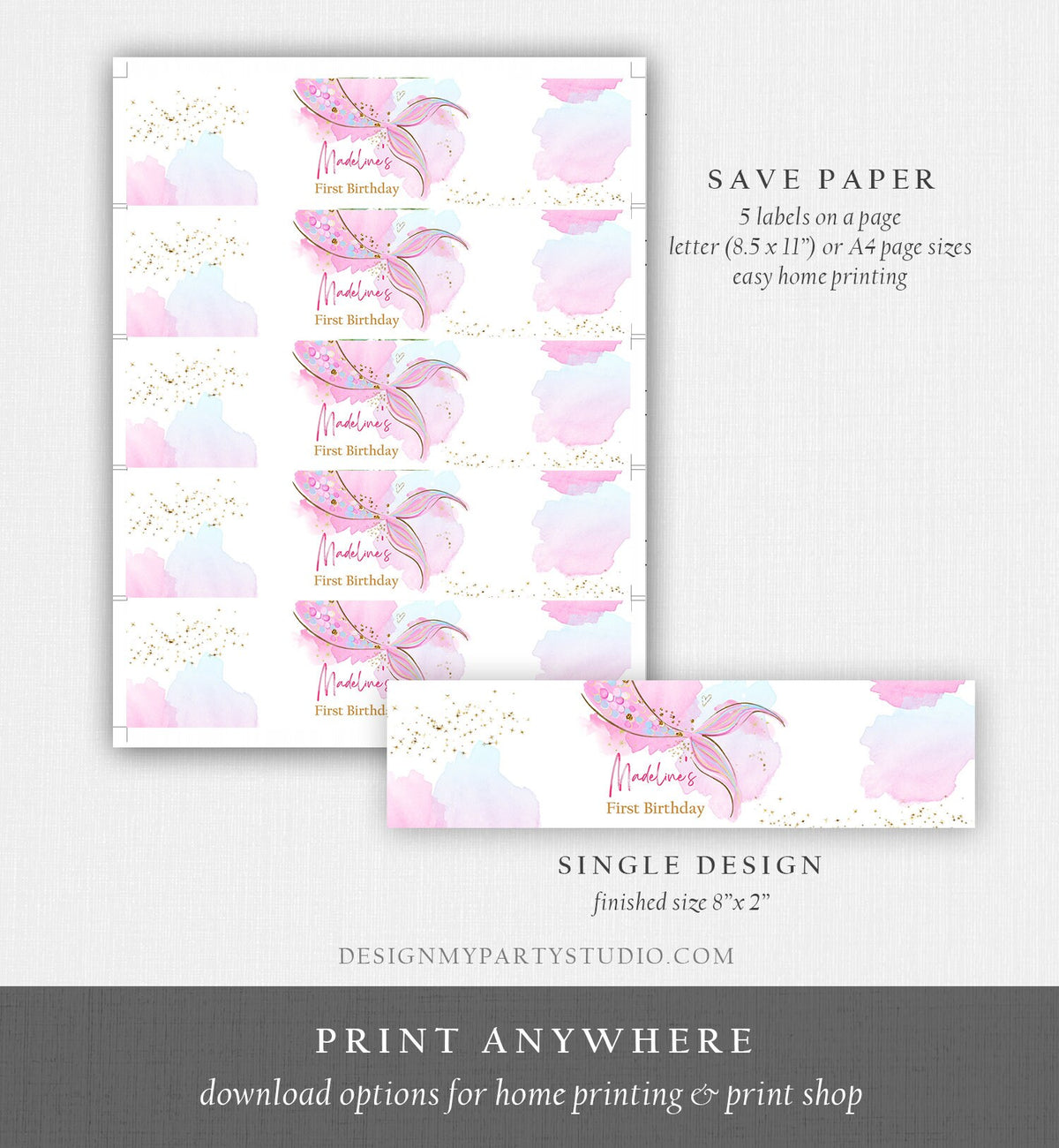 Editable Mermaid Water Bottle Labels Mermaid Tail Birthday Under The Sea Decor Blush Pink Gold Digital Download Template Printable 0403