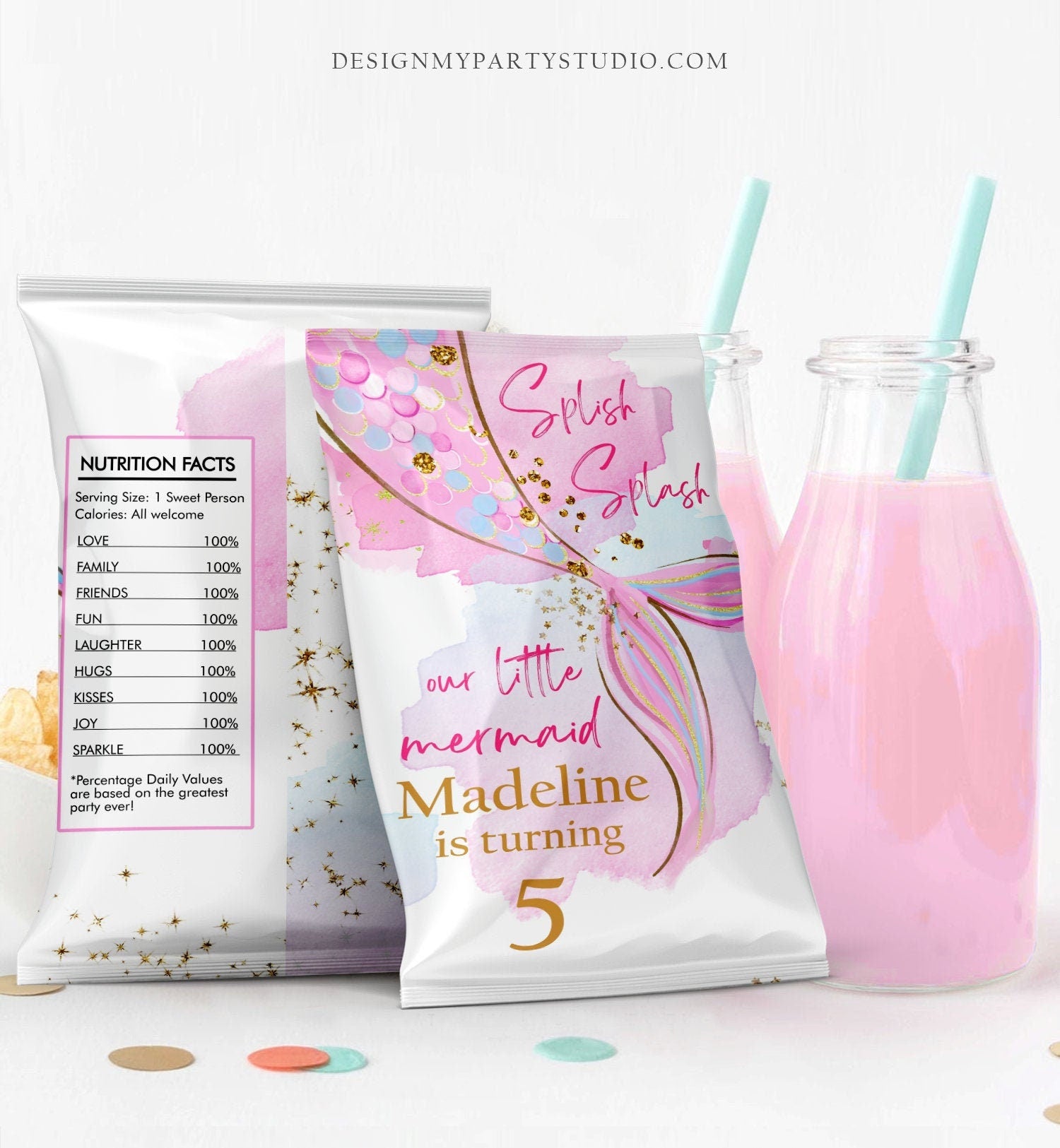 Editable Mermaid Chip Bag Mermaid Birthday Party Girl Blush Pink Gold Under The Sea Snack Favors Digital Download Template Printable 0403