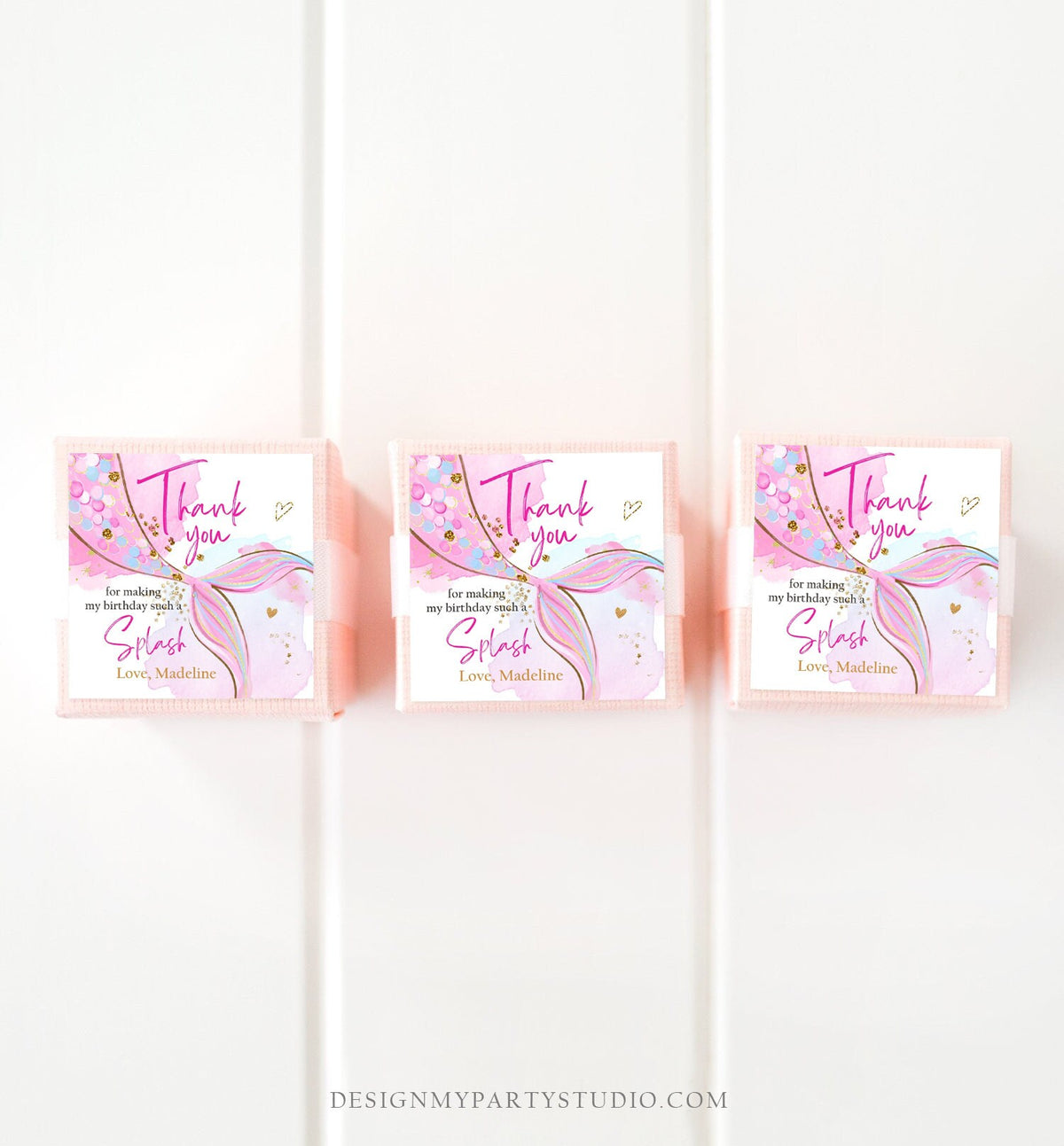 Editable Mermaid Birthday Favor Tags Under The Sea Thank you Stickers Mermaid Party Girl Pink Gold Digital Download Template Printable 0403