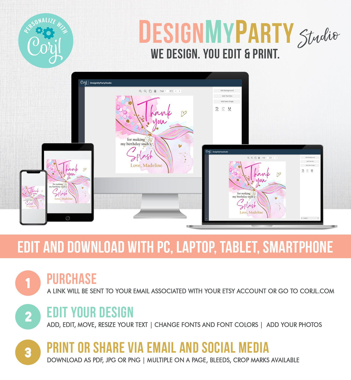 Editable Mermaid Birthday Favor Tags Under The Sea Thank you Stickers Mermaid Party Girl Pink Gold Digital Download Template Printable 0403