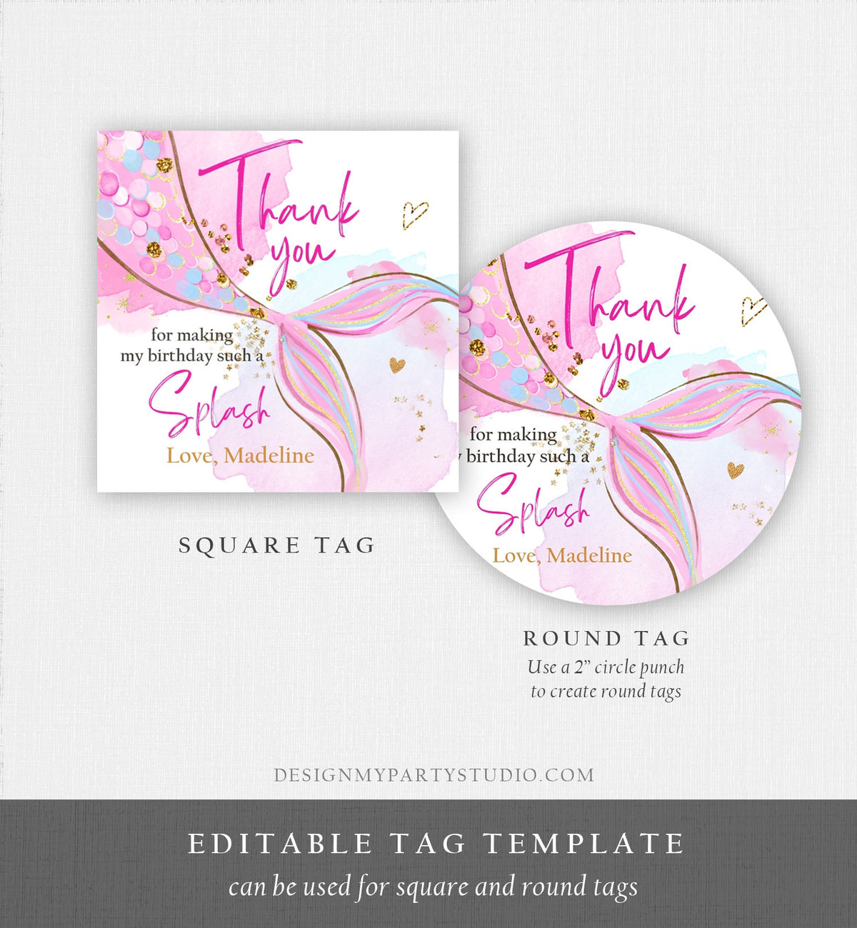 Editable Mermaid Birthday Favor Tags Under The Sea Thank you Stickers Mermaid Party Girl Pink Gold Digital Download Template Printable 0403