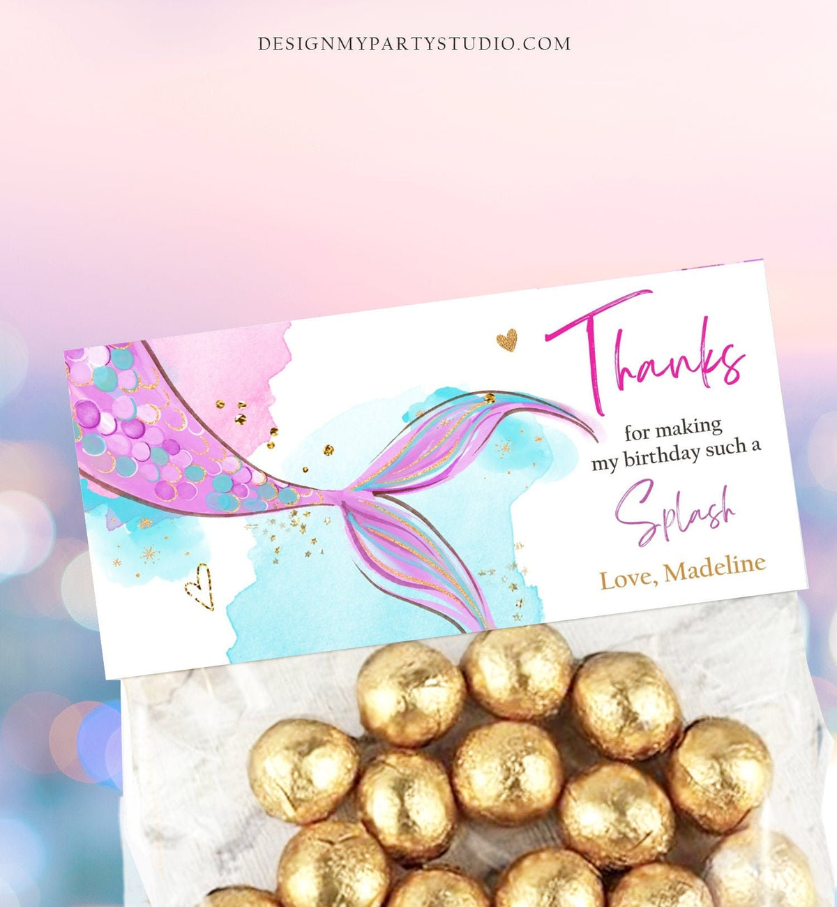 Editable Mermaid Treat Bag Toppers Mermaid Birthday Party Thank You Under The Sea Mermaid Tail Favors Pink Printable Corjl Template 0403