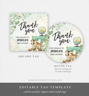 Editable Travel Thank You Tag Eucalyptus Greenery Baby Shower Bridal Shower Favor Adventure Round Stickers Corjl Template Printable 0030