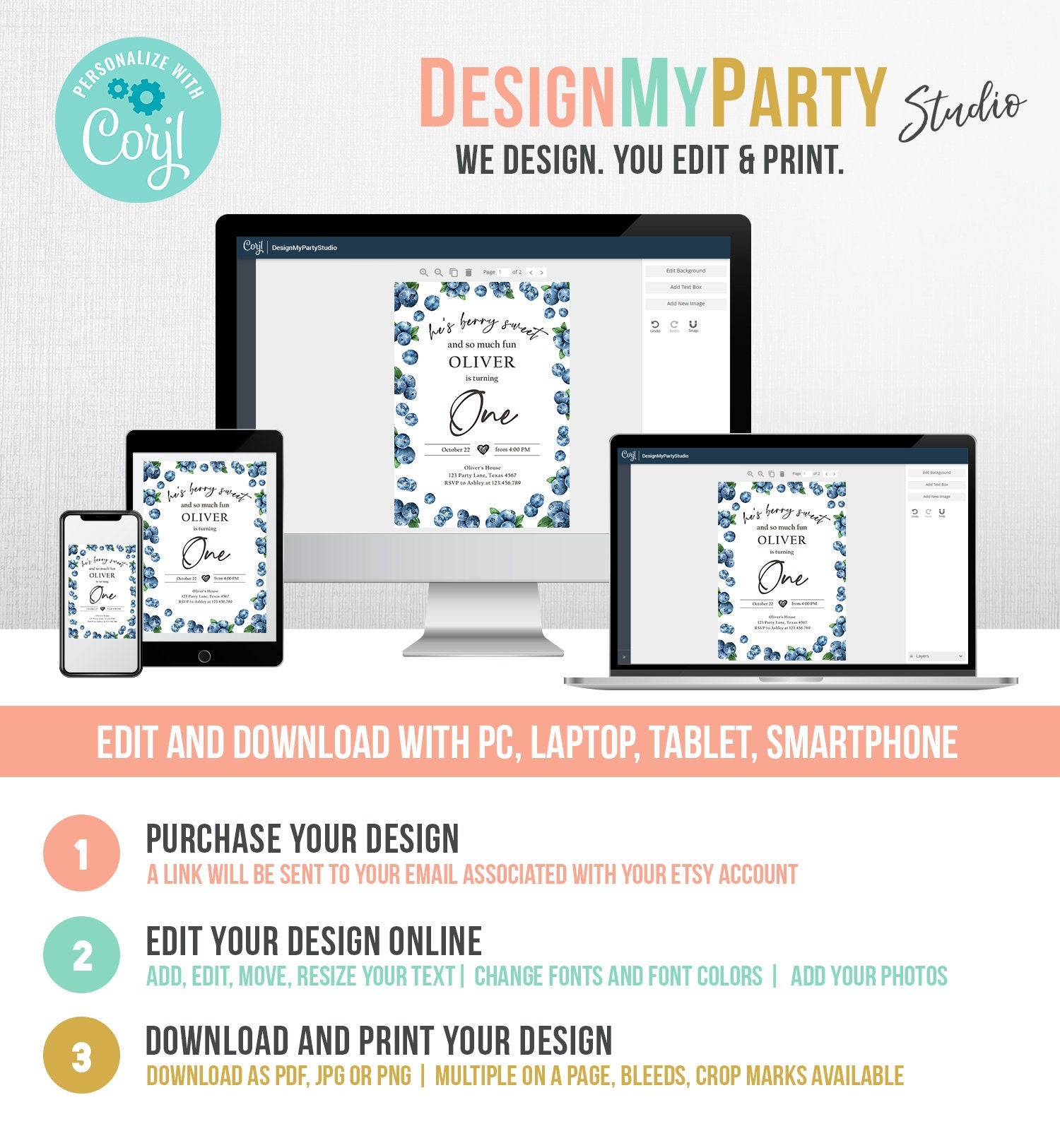 Editable Blueberry Birthday Invitation First Birthday Berry Sweet Boy Cute Blueberries 1st Digital Download Evite Template Printable 0399