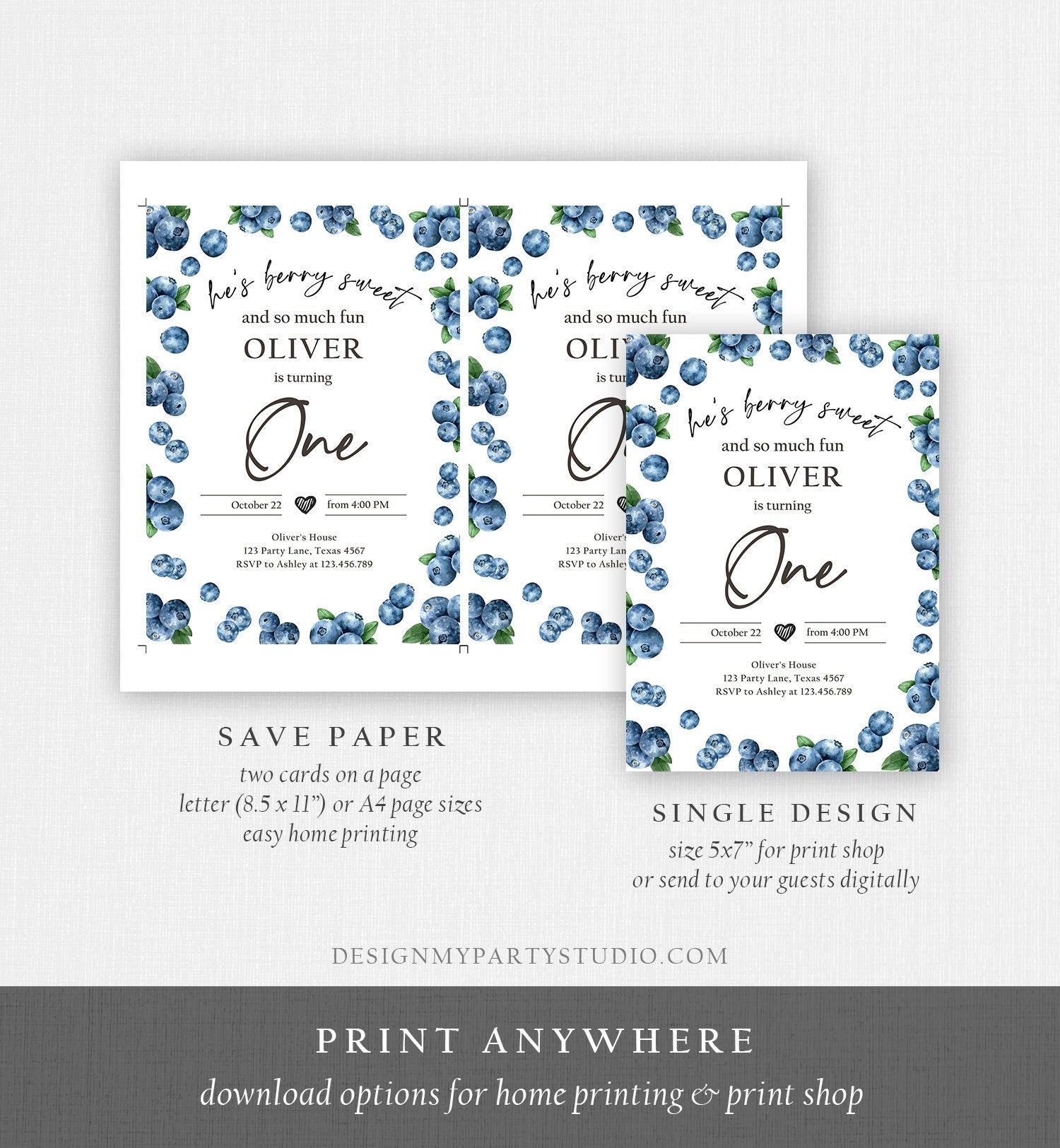 Editable Blueberry Birthday Invitation First Birthday Berry Sweet Boy Cute Blueberries 1st Digital Download Evite Template Printable 0399