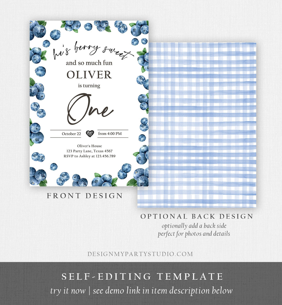 Editable Blueberry Birthday Invitation First Birthday Berry Sweet Boy Cute Blueberries 1st Digital Download Evite Template Printable 0399