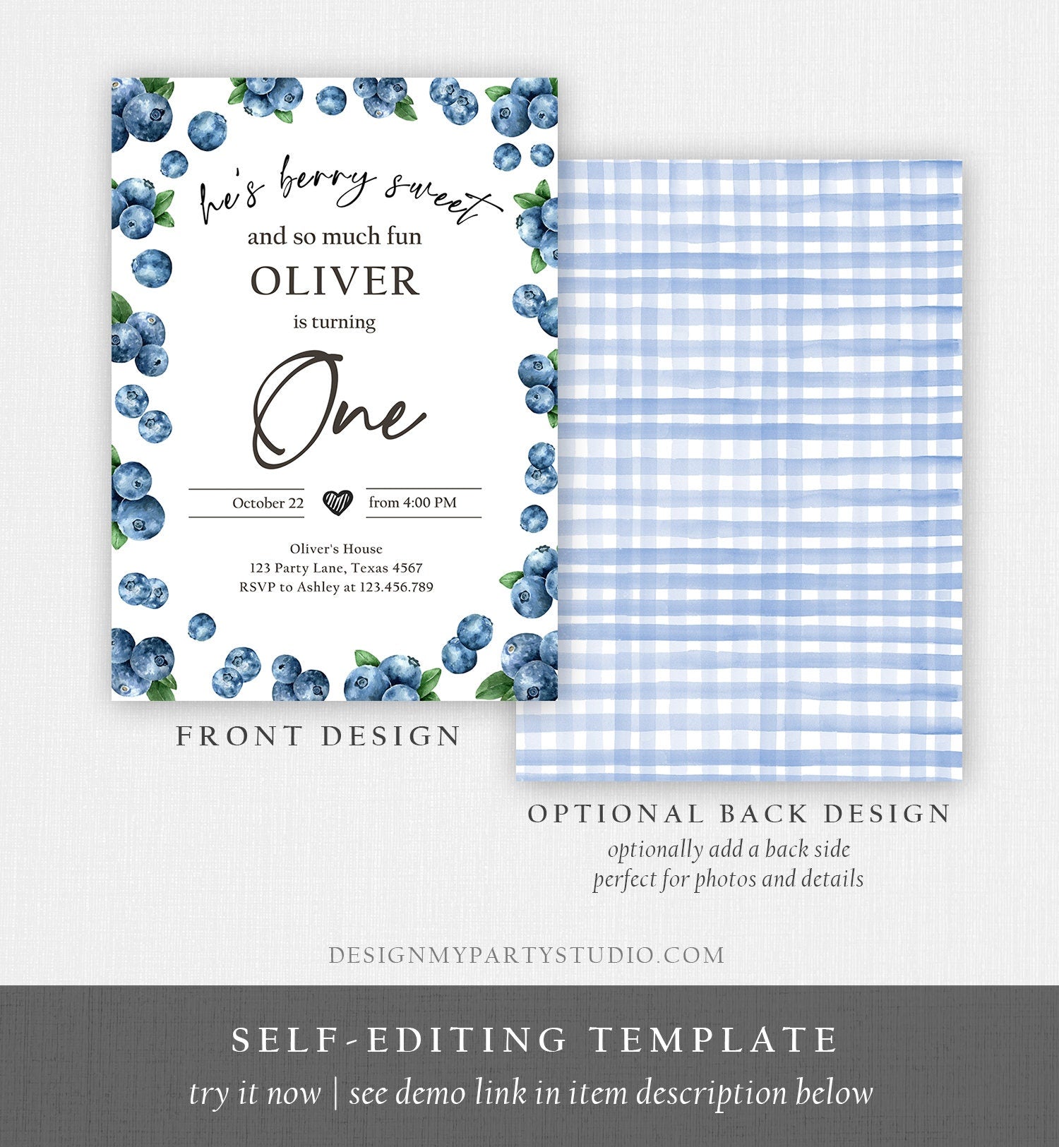 Editable Blueberry Birthday Invitation First Birthday Berry Sweet Boy Cute Blueberries 1st Digital Download Evite Template Printable 0399
