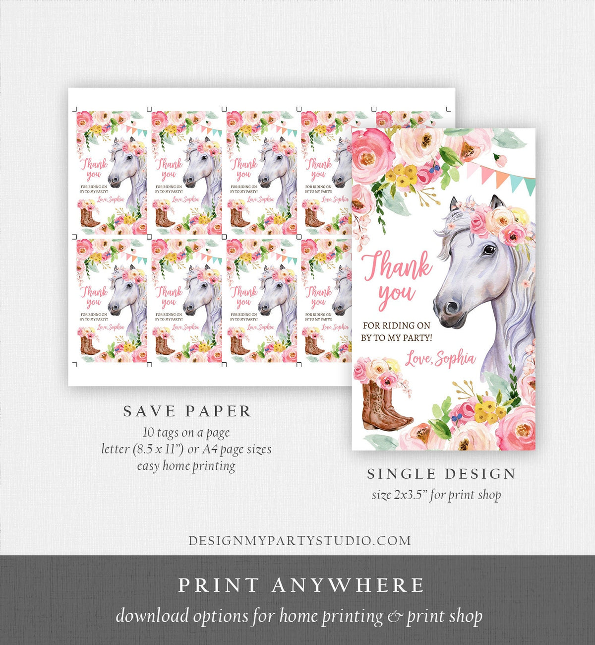 Editable Cowgirl Favor Tags Tags Horse Birthday Party Favor Thank You Tags Girl White Horse Floral Digital Download Template Printable 0408