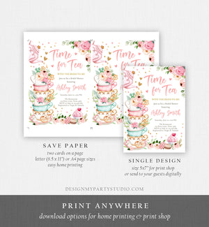 Editable Time For Tea Bridal Shower Invitation Tea Party Wedding Shower Floral Pink Gold Blush Love is Brewing Corjl Template Printable 0349