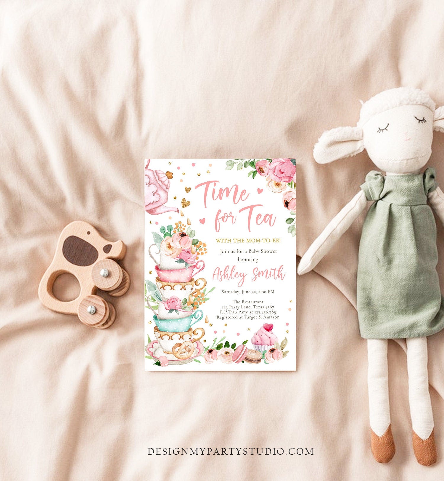 Editable Time For Tea Baby Shower Invitation Tea Party Sprinkle Shower Floral Pink Gold Blush Baby is Brewing Corjl Template Printable 0349