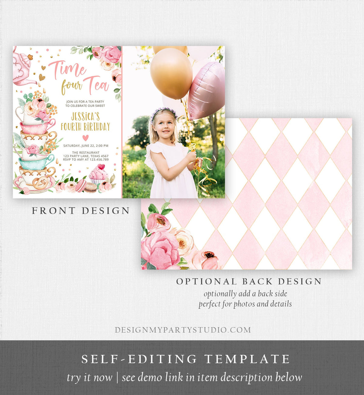 Editable Time Four Tea Birthday Invitation Girl Tea Party Invite Pink Gold Floral Peach Fourth Birthday 4th Corjl Template Printable 0349